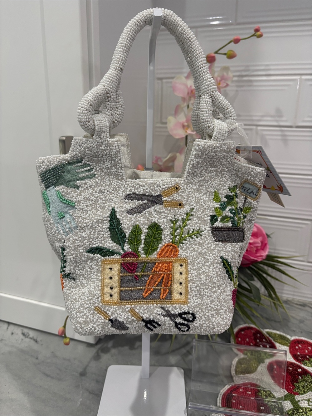 Viral White Beaded Garden design purse with Embroidered Vegetable Motifs